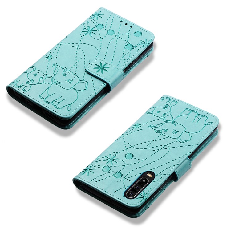 Imprinted Elephant Pattern Wallet Leather Stand Case for Huawei P30 - Cyan-8
