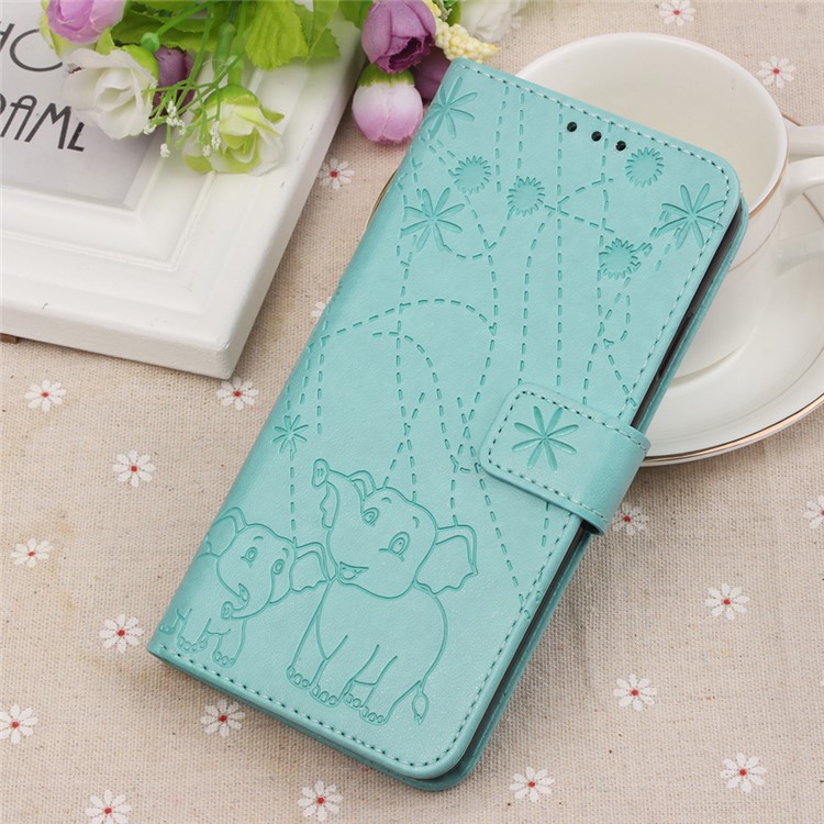 Imprinted Elephant Pattern Wallet Leather Stand Case for Huawei P30 - Cyan-9