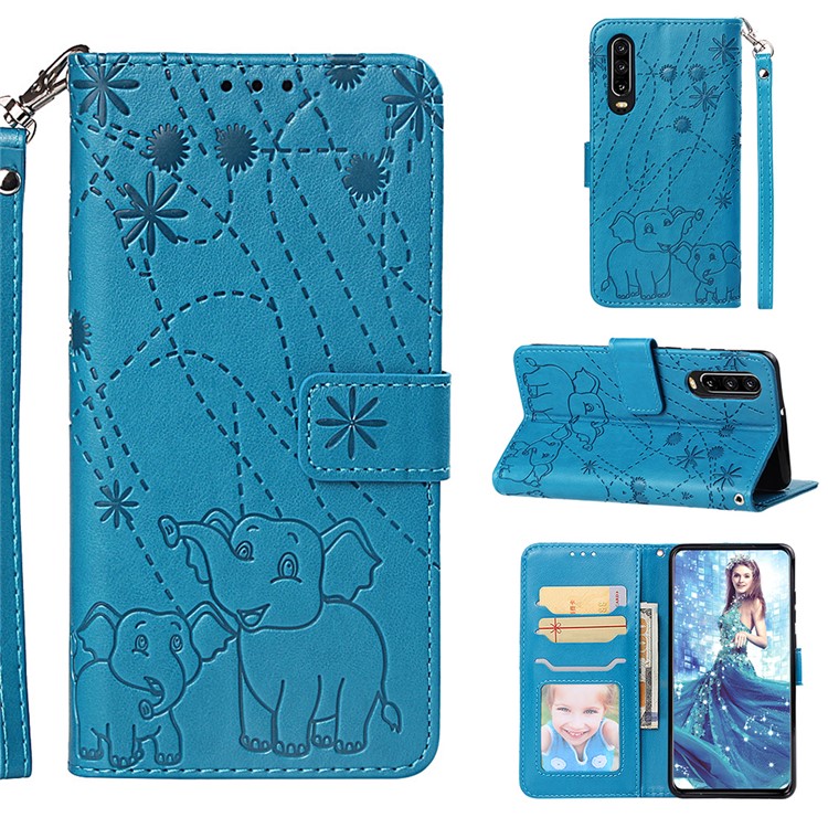 Imprinted Elephant Pattern Wallet Leather Stand Case for Huawei P30 - Blue-1