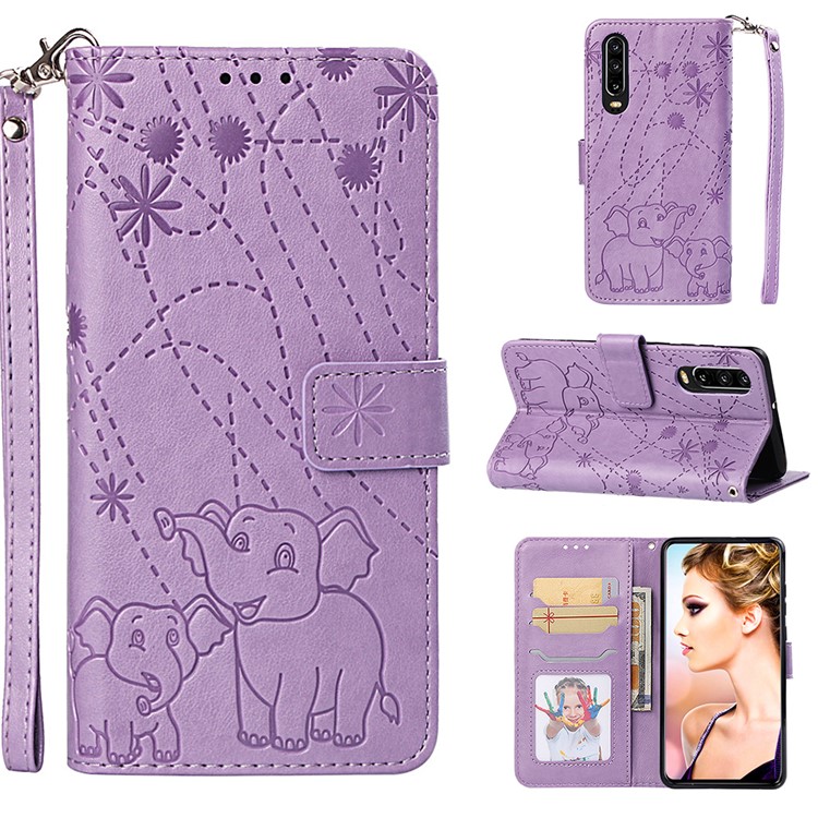 Imprinted Elephant Pattern Wallet Leather Stand Case for Huawei P30 - Purple-1