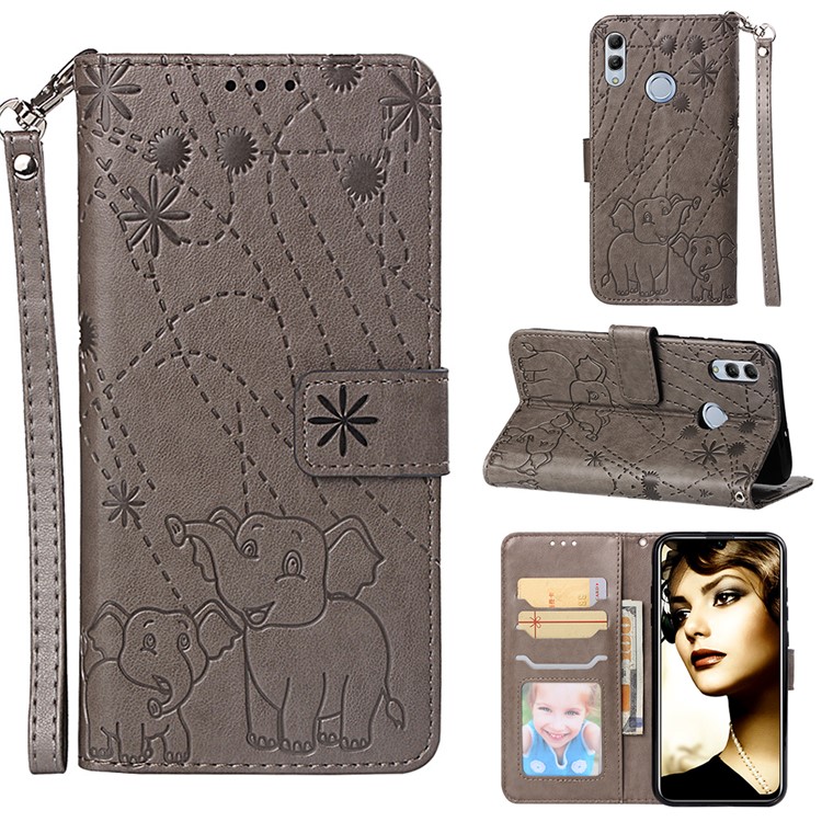 Imprinted Elephant Pattern Leather Wallet Case for Huawei P Smart (2019)/Honor 10 Lite - Grey-1