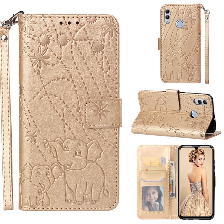 Imprinted Elephant Pattern Leather Wallet Case for Huawei P Smart (2019)/Honor 10 Lite - Gold-1