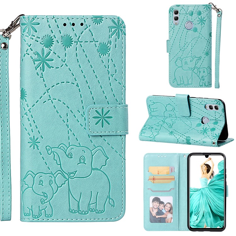Imprinted Elephant Pattern Leather Wallet Case for Huawei P Smart (2019)/Honor 10 Lite - Cyan-1