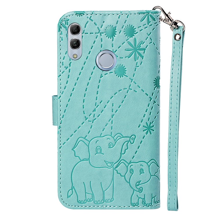 Imprinted Elephant Pattern Leather Wallet Case for Huawei P Smart (2019)/Honor 10 Lite - Cyan-3