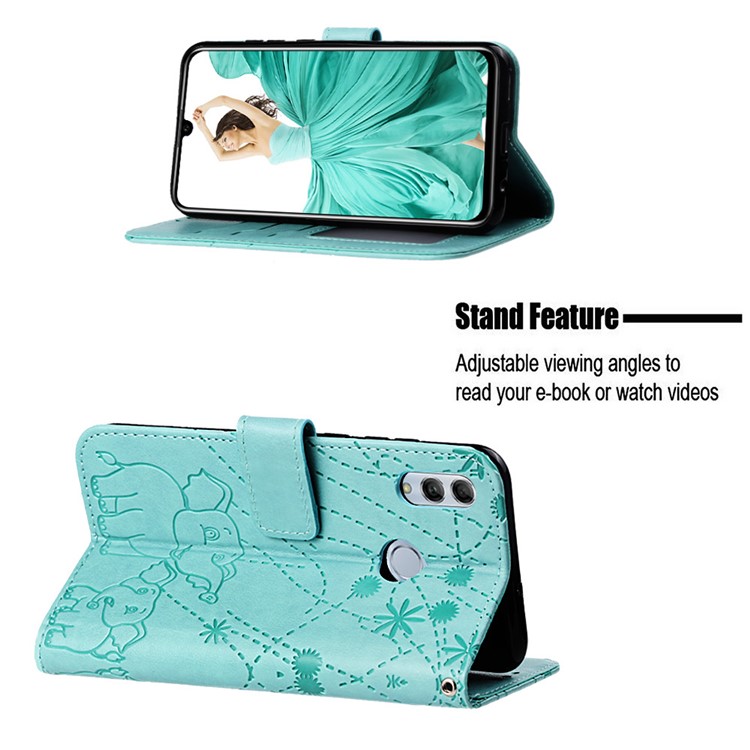 Imprinted Elephant Pattern Leather Wallet Case for Huawei P Smart (2019)/Honor 10 Lite - Cyan-4