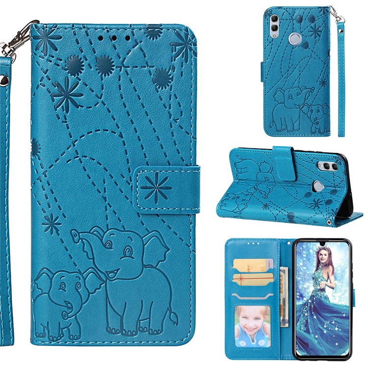 Imprinted Elephant Pattern Leather Wallet Case for Huawei P Smart (2019)/Honor 10 Lite - Blue-1