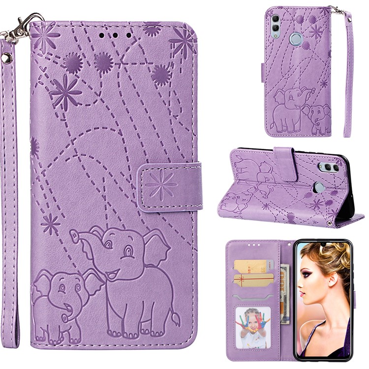 Imprinted Elephant Pattern Leather Wallet Case for Huawei P Smart (2019)/Honor 10 Lite - Purple-1