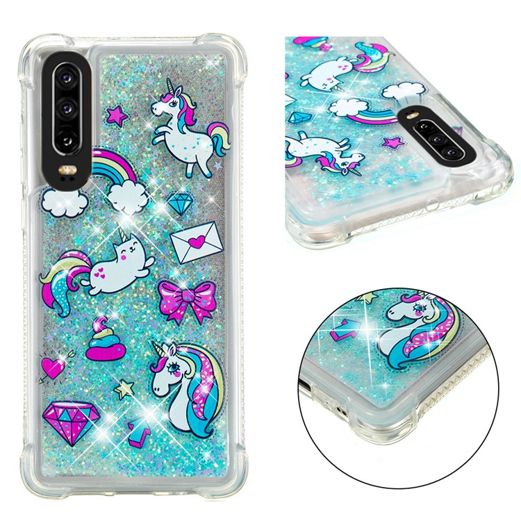 Dynamic Glitter Powder Heart Shaped Sequins TPU Back Case for Huawei P30 - Unicorn and Bowknot-1