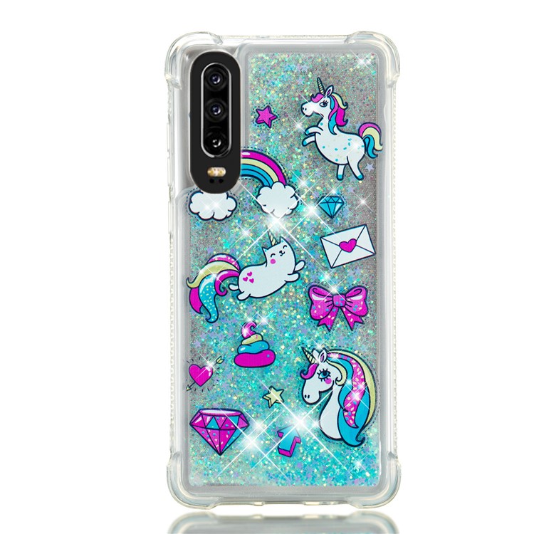 Dynamic Glitter Powder Heart Shaped Sequins TPU Back Case for Huawei P30 - Unicorn and Bowknot-2