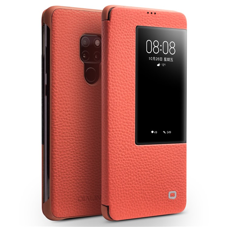 QIALINO Litchi Texture Smart View Genuine Leather Case for Huawei Mate 20 - Orange-1