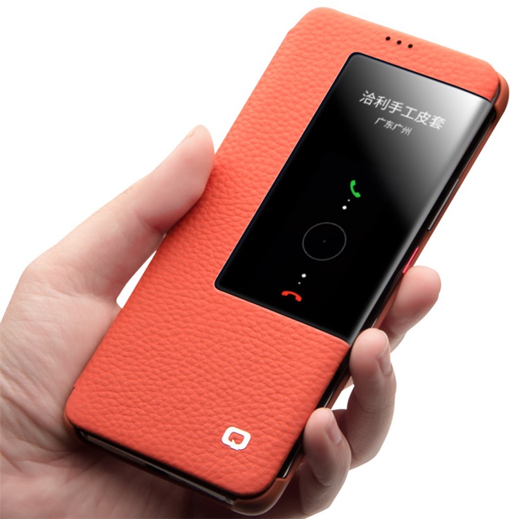 QIALINO Litchi Texture Smart View Genuine Leather Case for Huawei Mate 20 - Orange-5