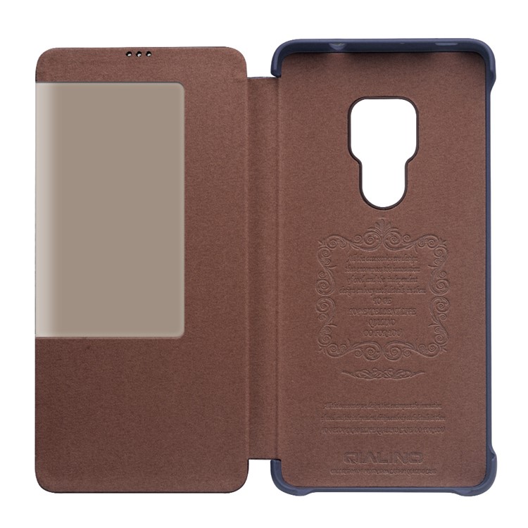 QIALINO Litchi Texture Smart View Genuine Leather Case for Huawei Mate 20 - Dark Blue-2