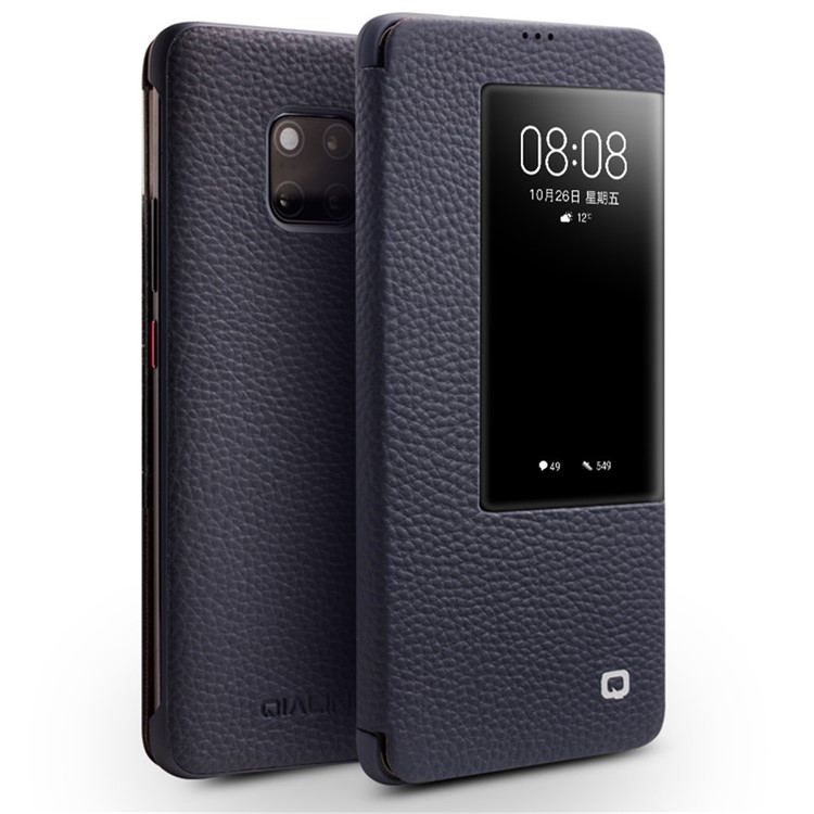 QIALINO Litchi Textura Genuína Shell Telefone De Couro Com Janela De Visualização Para Huawei Mate 20 Pro - Azul-1