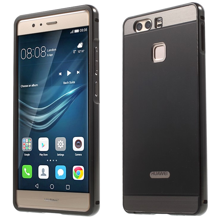 For Huawei P9 Slide-on Metal Bumper Brushed Acrylic Back Case - Black-1
