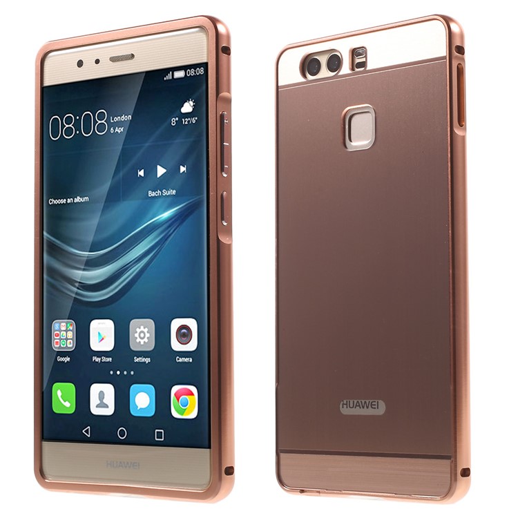 For Huawei P9 Slide-on Metal Bumper Brushed Acrylic Back Shell - Rose Gold-1