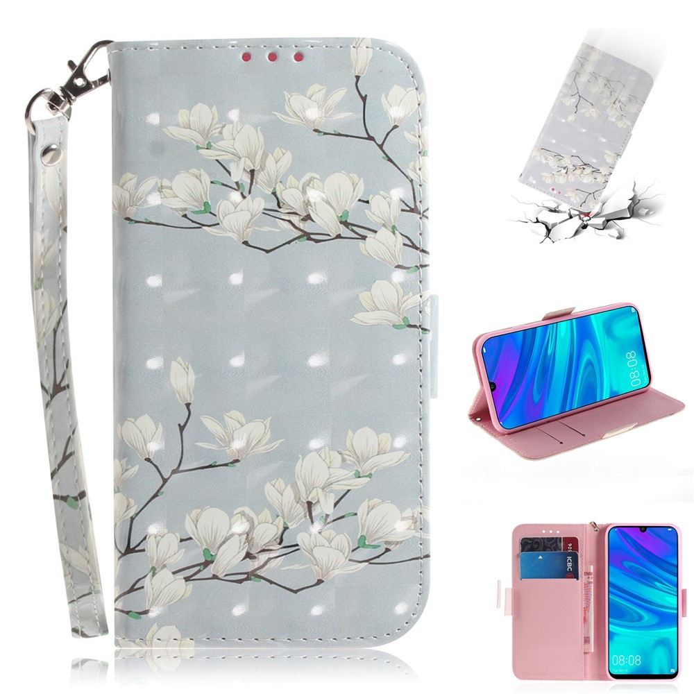 Pattern Printing Light Spot Decor Leather Wallet Case for Huawei P Smart (2019) - White Flowers-1