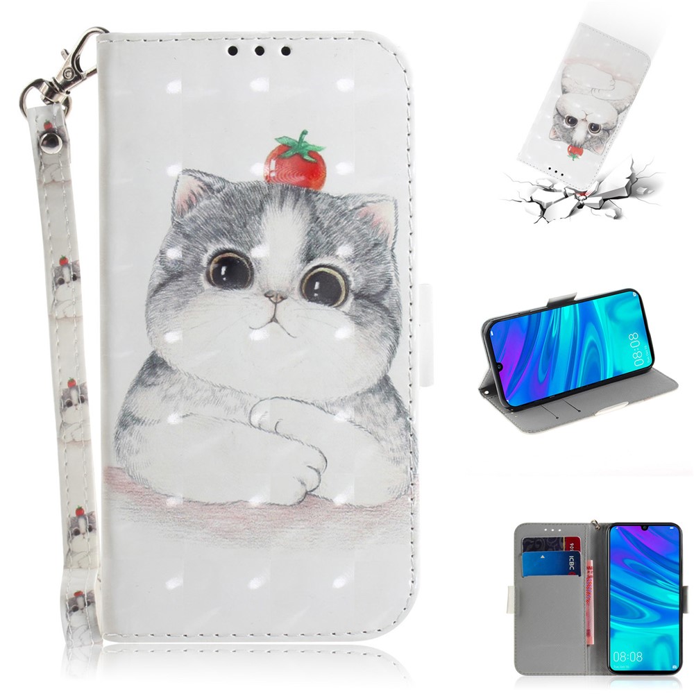 Pattern Printing Light Spot Decor Leather Wallet Case for Huawei P Smart (2019) - Cat Holding a Tomato-1