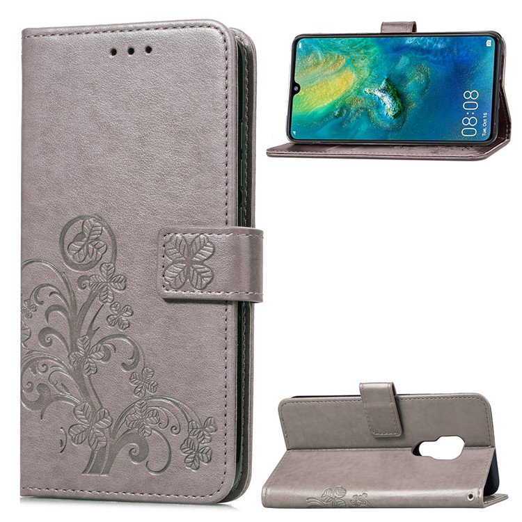 HAT PRINCE Imprinted Clover Leather Wallet Case for Huawei Mate 20 - Grey-1