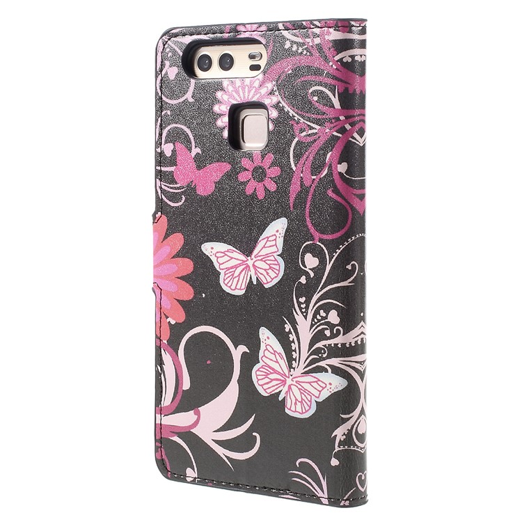 Diary Style Wallet Stand Leather Case for Huawei P9 - Butterflies and Flowers-2