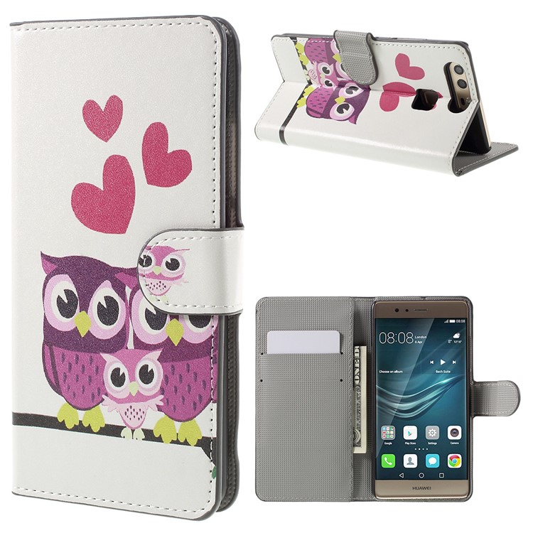 Flip Wallet Stand Ledertasche für Huawei P9 - Sweet Owl Familie-1