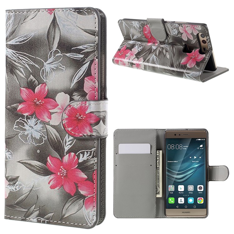 Wallet Stand Leather Phone Cover for Huawei P9 - Red Blooming Flowers-1