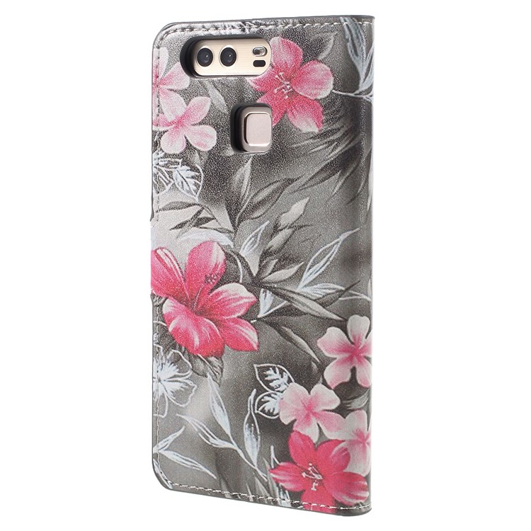 Wallet Stand Leather Phone Cover for Huawei P9 - Red Blooming Flowers-2
