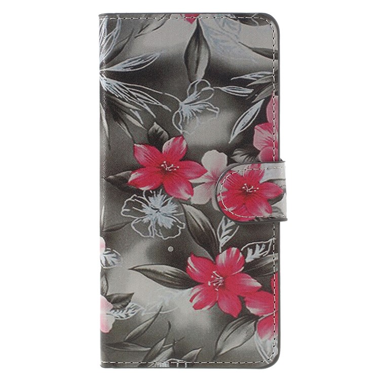 Wallet Stand Leather Phone Cover for Huawei P9 - Red Blooming Flowers-3