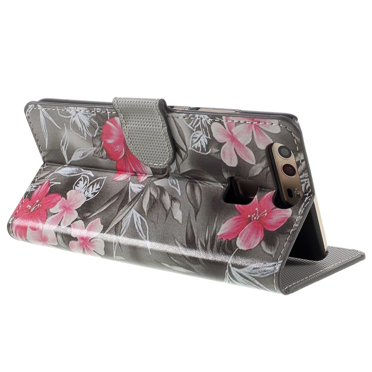 Wallet Stand Leather Phone Cover for Huawei P9 - Red Blooming Flowers-5