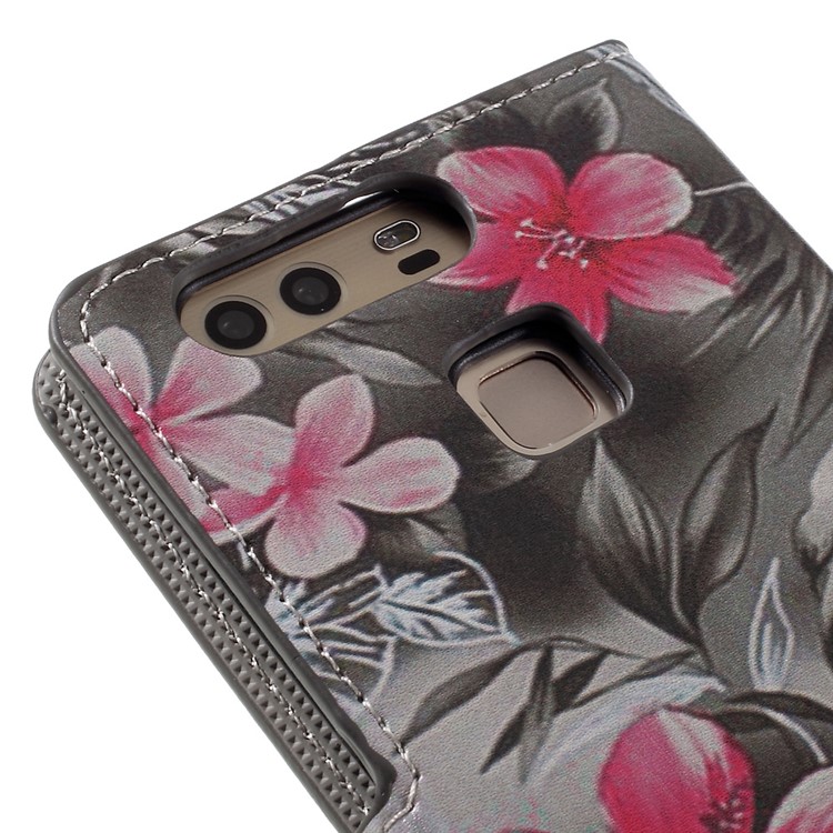 Wallet Stand Leather Phone Cover for Huawei P9 - Red Blooming Flowers-9