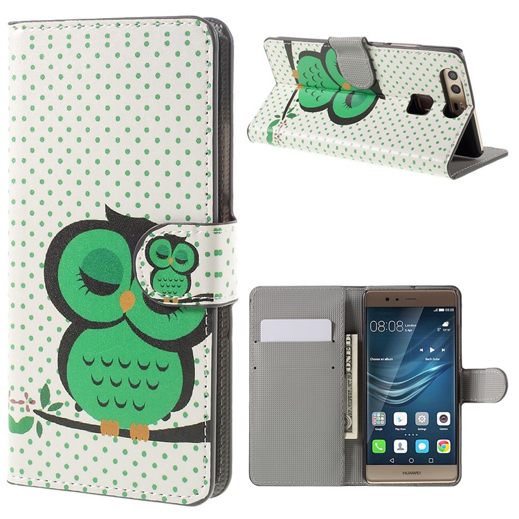 PU Leather Case with Card Slots and Stand for Huawei P9 - Green Napping Owl-1