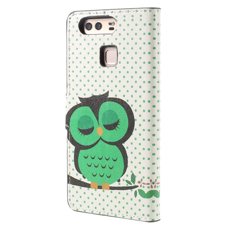 PU Leather Case with Card Slots and Stand for Huawei P9 - Green Napping Owl-2