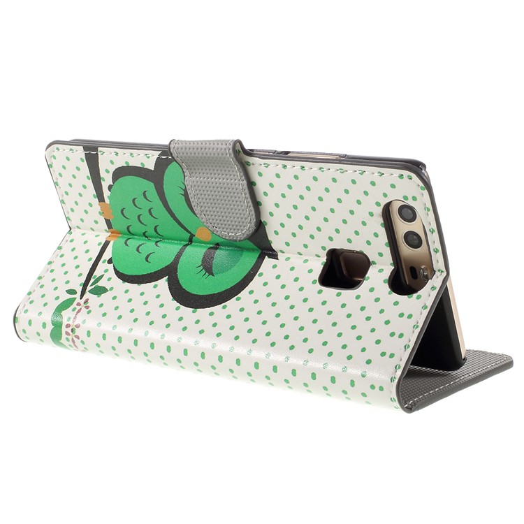 PU Leather Case with Card Slots and Stand for Huawei P9 - Green Napping Owl-5