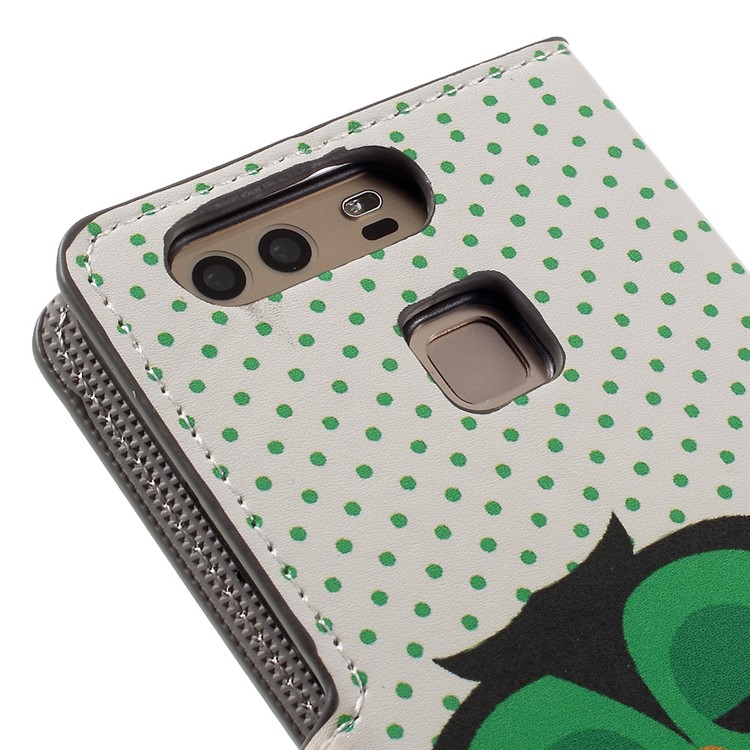 PU Leather Case with Card Slots and Stand for Huawei P9 - Green Napping Owl-9