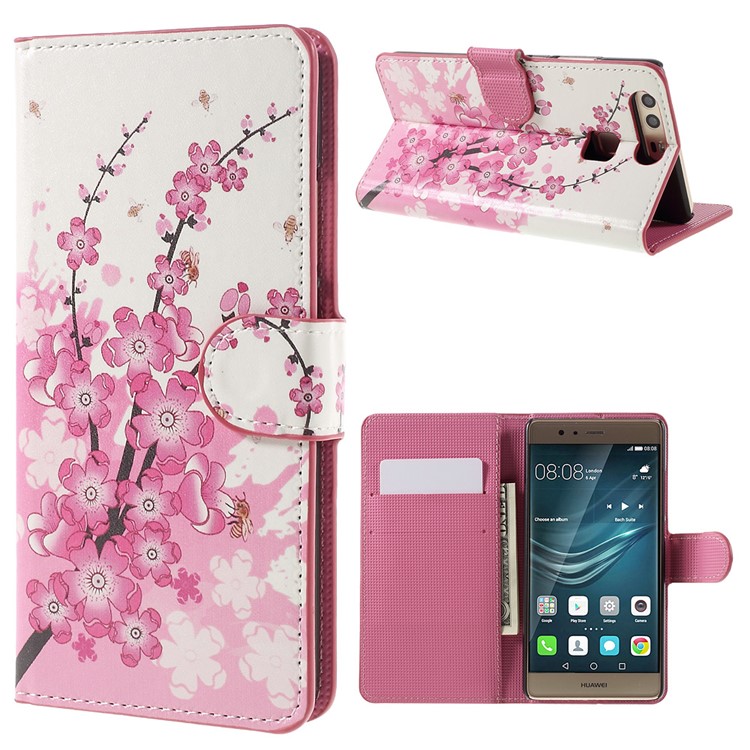 Wallet Stand Leather Flip Cover Case para Huawei P9 - Flor de ameixa-1