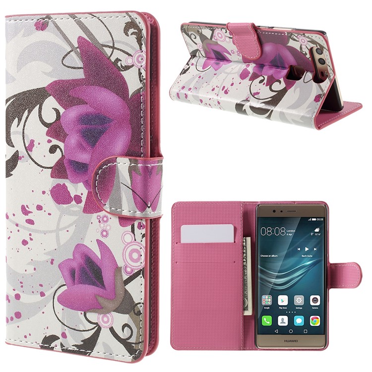 Card Holder Stand Leather Phone Case for Huawei P9 - Kapok Flower-1