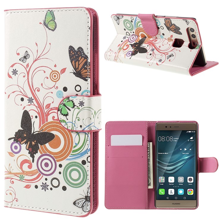 Protective Leather Case with Stand for Huawei P9 - Butterflies and Circles-1