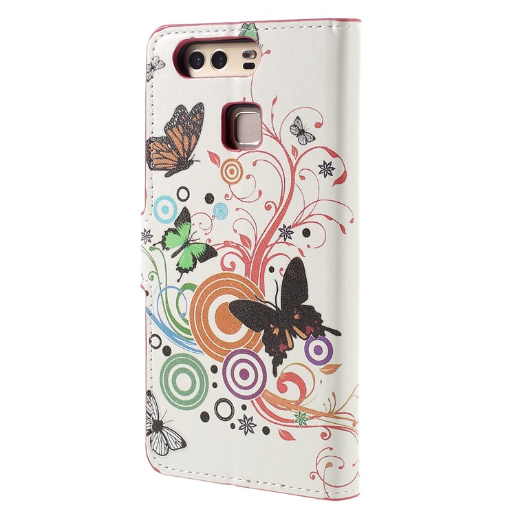Protective Leather Case with Stand for Huawei P9 - Butterflies and Circles-2