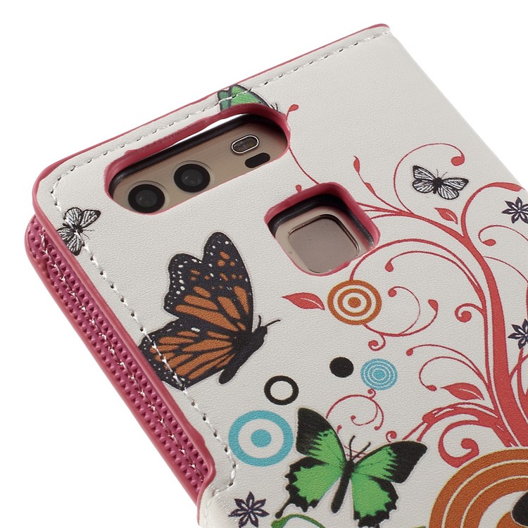 Protective Leather Case with Stand for Huawei P9 - Butterflies and Circles-9