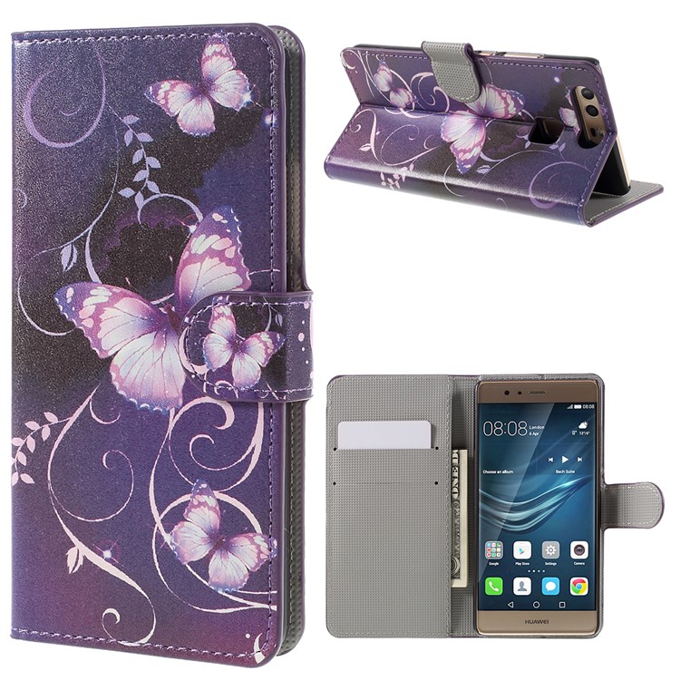 Flip Stand PU Leather Cover Protector for Huawei P9 - Purple Butterflies and Vines-1