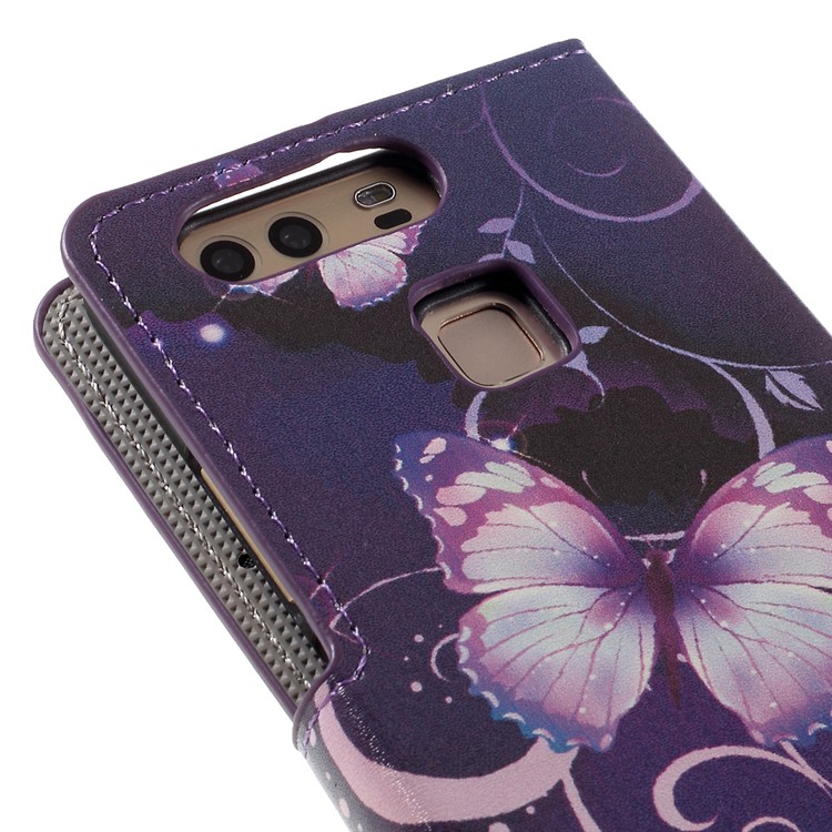 Flip Stand PU Leather Cover Protector for Huawei P9 - Purple Butterflies and Vines-10
