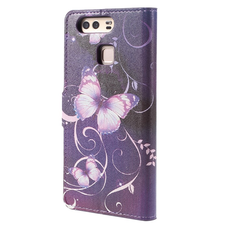 Flip Stand PU Leather Cover Protector for Huawei P9 - Purple Butterflies and Vines-2