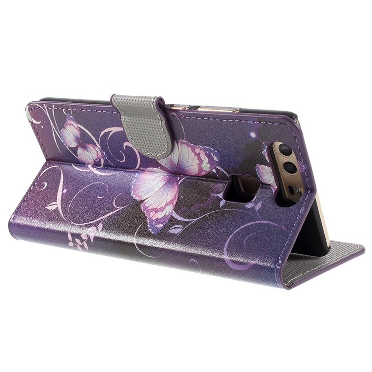Flip Stand PU Leather Cover Protector for Huawei P9 - Purple Butterflies and Vines-5