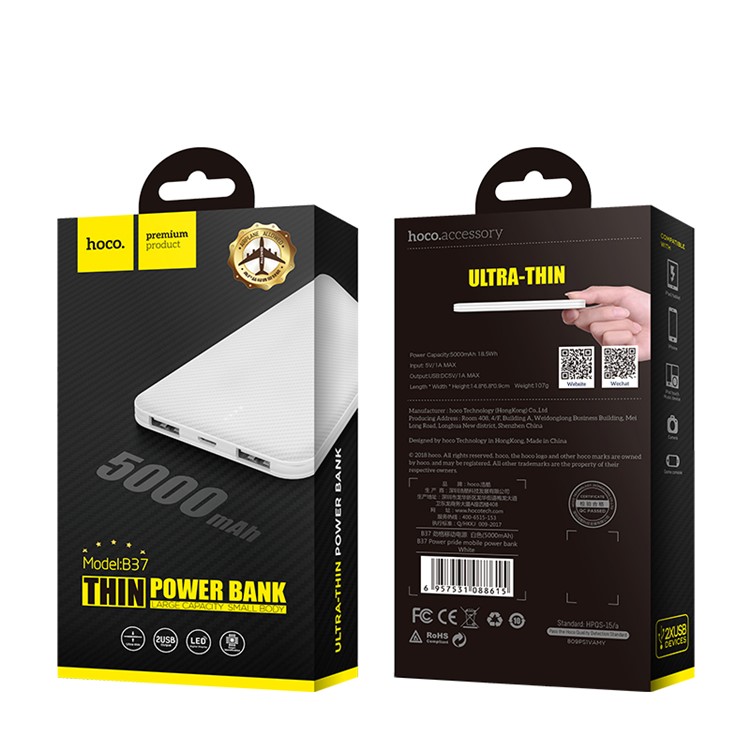 HOCO B37 Dauerhafte Mobile Energiebank 5000mah Dual-USB-LED-Pegelanzeige - Weiß-5