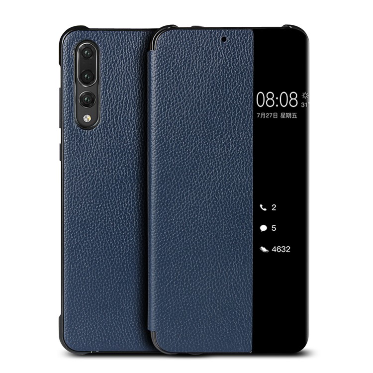 For Huawei P20 Pro Smart View Window Cowhide Leather Phone Case - Blue-2