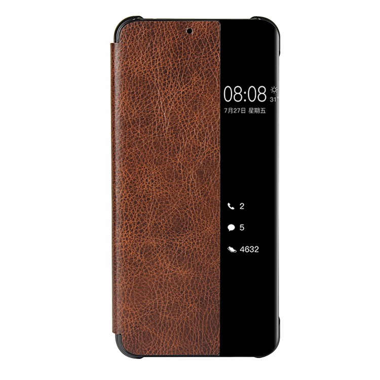 For Huawei P20 Pro Smart View Window Cowhide Leather Phone Case - Brown-12
