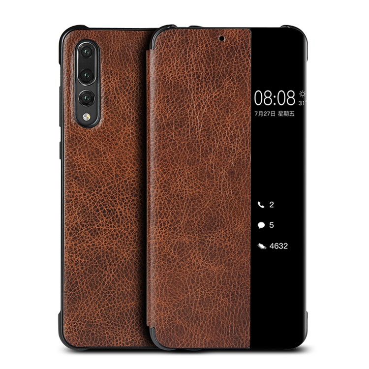 For Huawei P20 Pro Smart View Window Cowhide Leather Phone Case - Brown-2