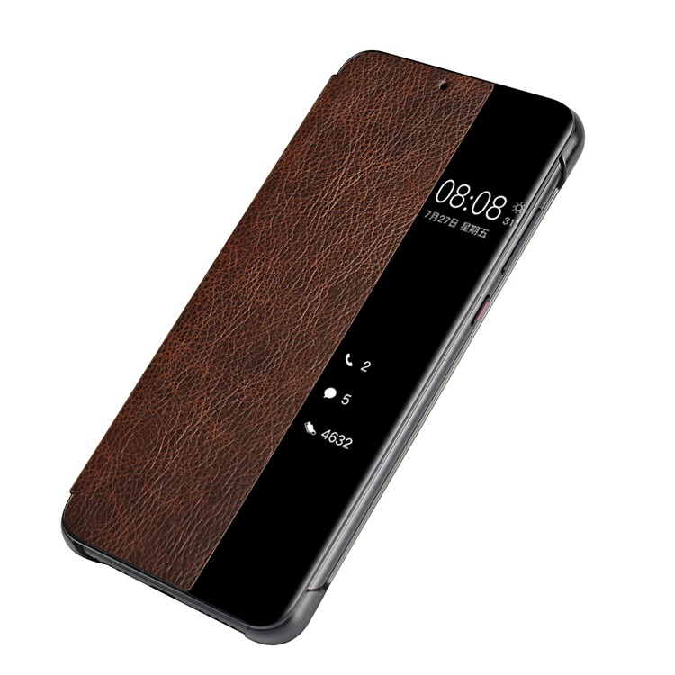 For Huawei P20 Pro Smart View Window Cowhide Leather Phone Case - Brown-3