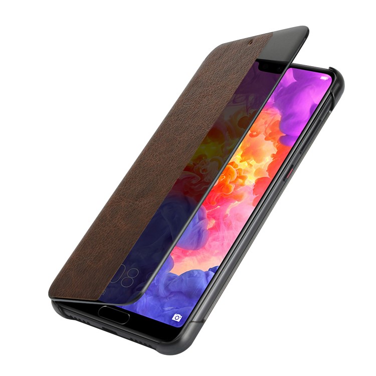For Huawei P20 Pro Smart View Window Cowhide Leather Phone Case - Brown-5