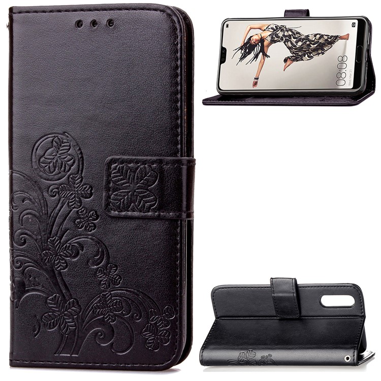 HAT PRINCE Imprinted Clover Leather Stand Wallet Cover for Huawei P20 Pro - Black-1
