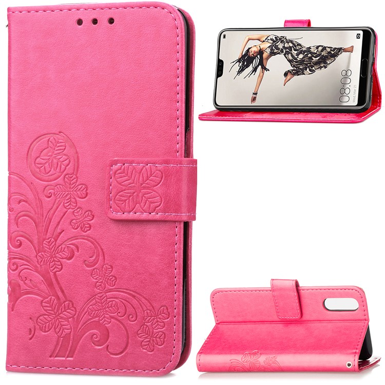 HAT PRINCE Imprinted Clover Leather Stand Wallet Cover for Huawei P20 Pro - Rose-1